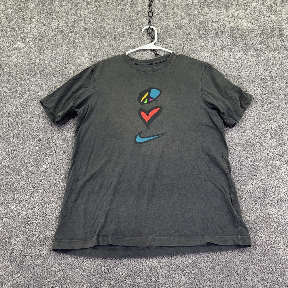Nike Shirt Mens Medium Black Peace Heart Swoosh Graphic Tee Tagless Casual